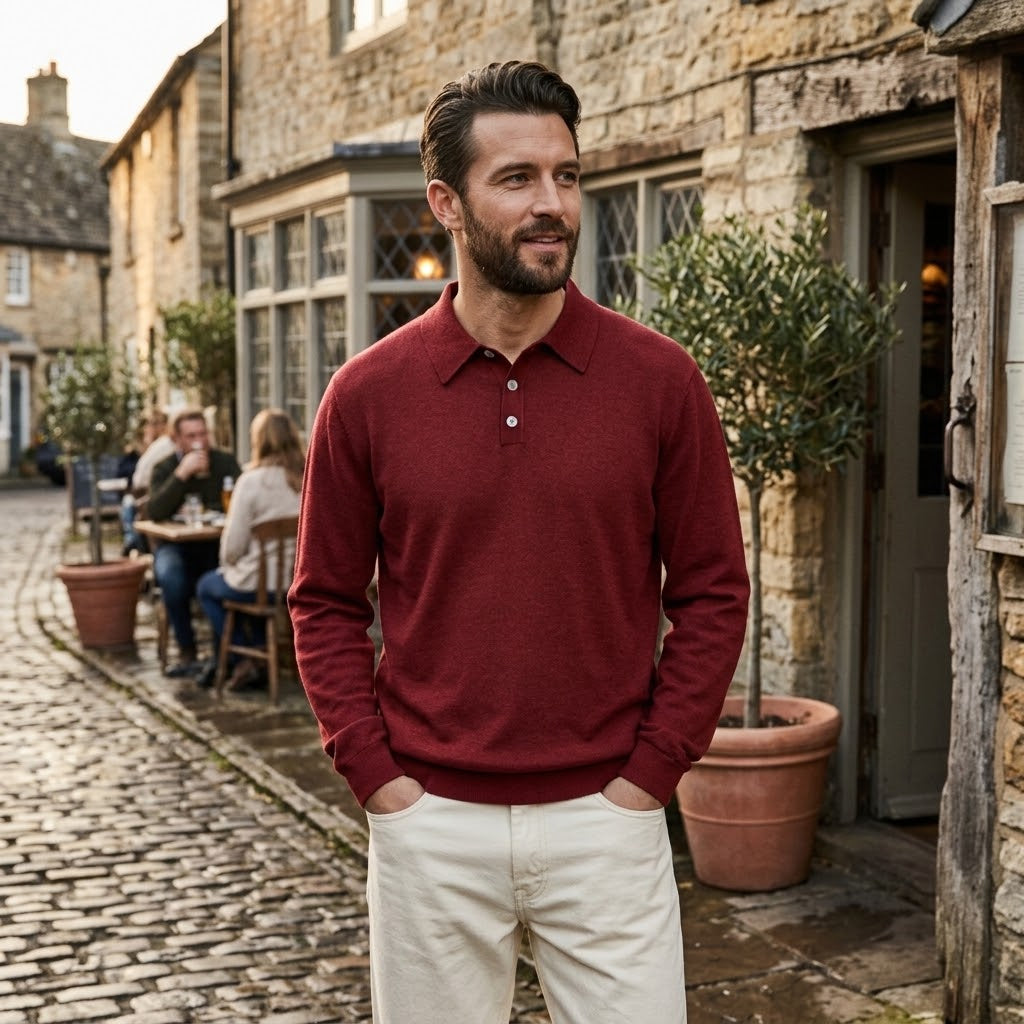Men's Thermal Long Sleeve V-Neck Button Polo Shirt