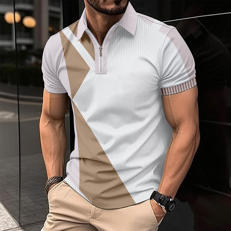 Men's Casual Colorblock Printed Lapel Short-Sleeved Polo Shirt