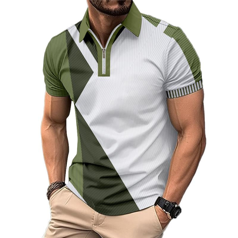 Men's Casual Colorblock Printed Lapel Short-Sleeved Polo Shirt