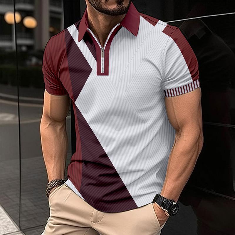 Men's Casual Colorblock Printed Lapel Short-Sleeved Polo Shirt