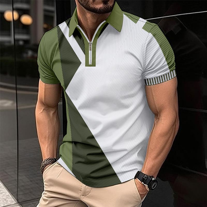 Men's Casual Colorblock Printed Lapel Short-Sleeved Polo Shirt
