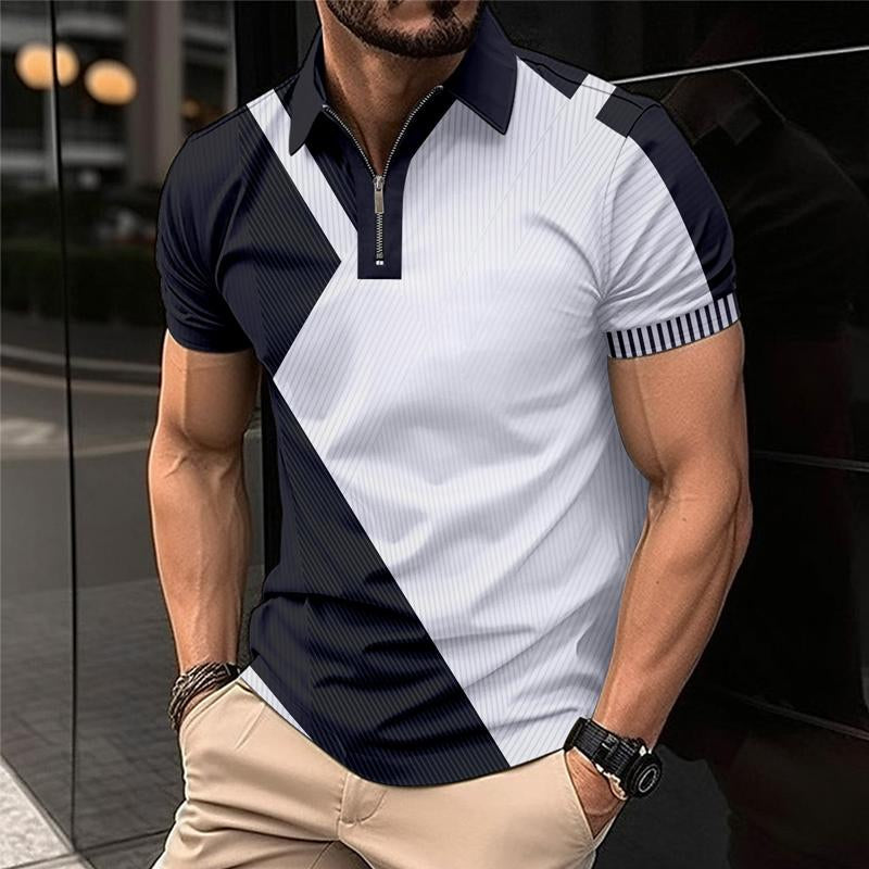 Men's Casual Colorblock Printed Lapel Short-Sleeved Polo Shirt