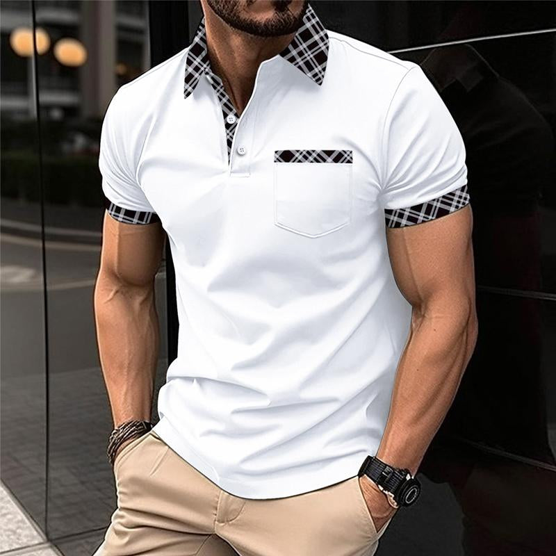 Men's Casual Colorblock Printed Lapel Short-Sleeved Polo Shirt
