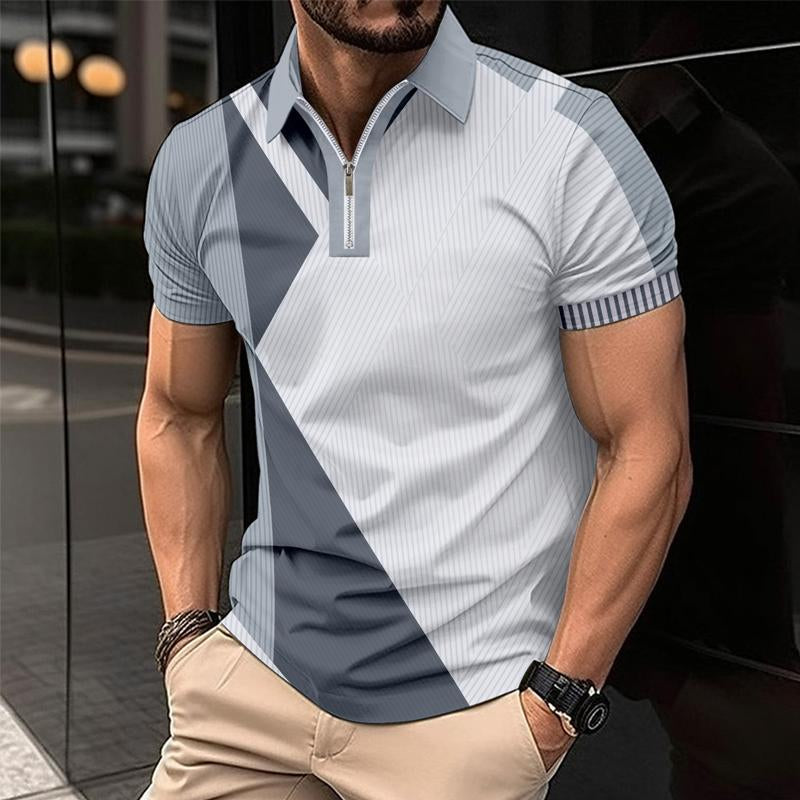 Men's Casual Colorblock Printed Lapel Short-Sleeved Polo Shirt