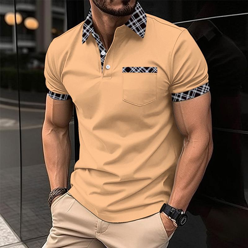 Men's Casual Colorblock Printed Lapel Short-Sleeved Polo Shirt
