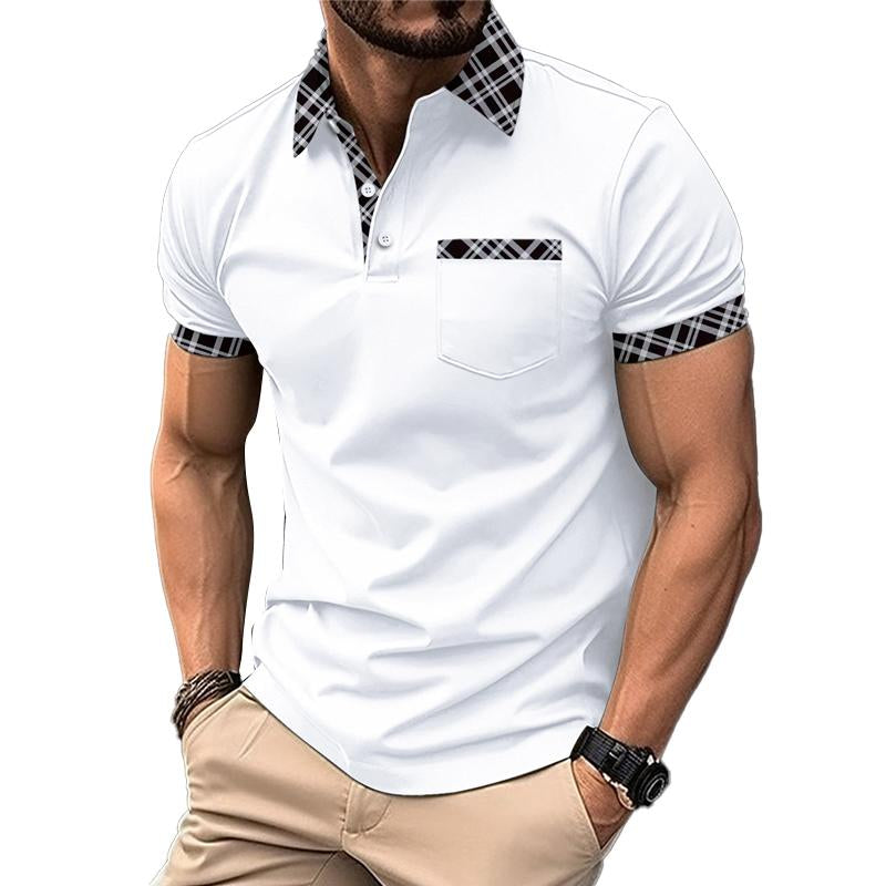 Men's Casual Colorblock Printed Lapel Short-Sleeved Polo Shirt