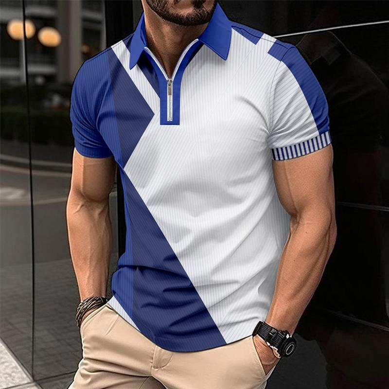Men's Casual Colorblock Printed Lapel Short-Sleeved Polo Shirt