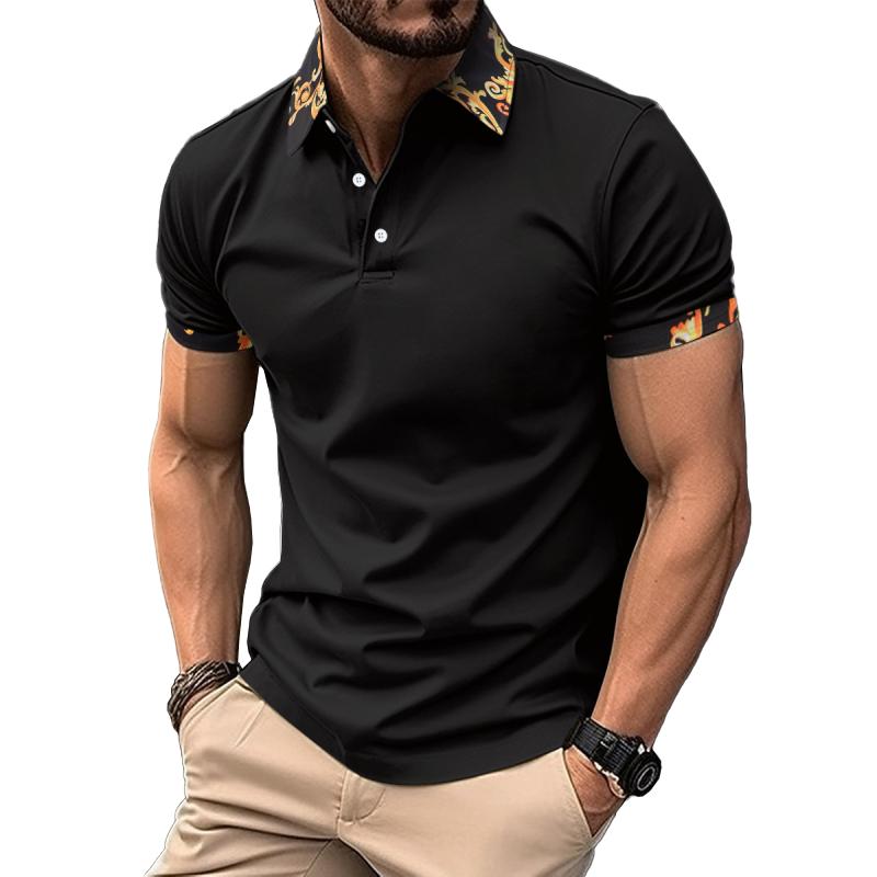 Men's Vintage Graphic Stitching Lapel Short Sleeve Casual Polo Shirt