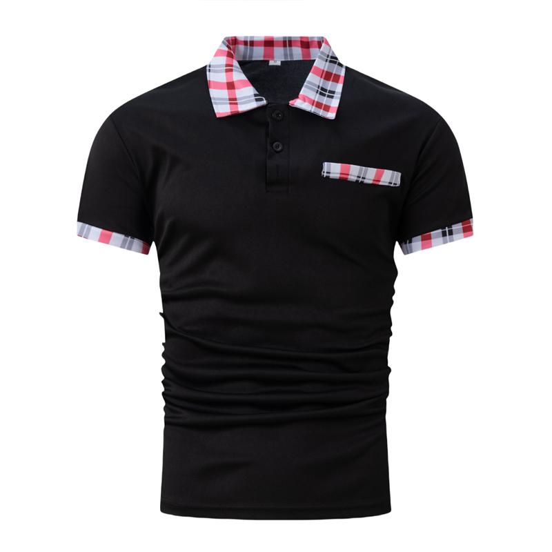 Men's Plaid Stitching Lapel Short Sleeve Casual Polo Shirt