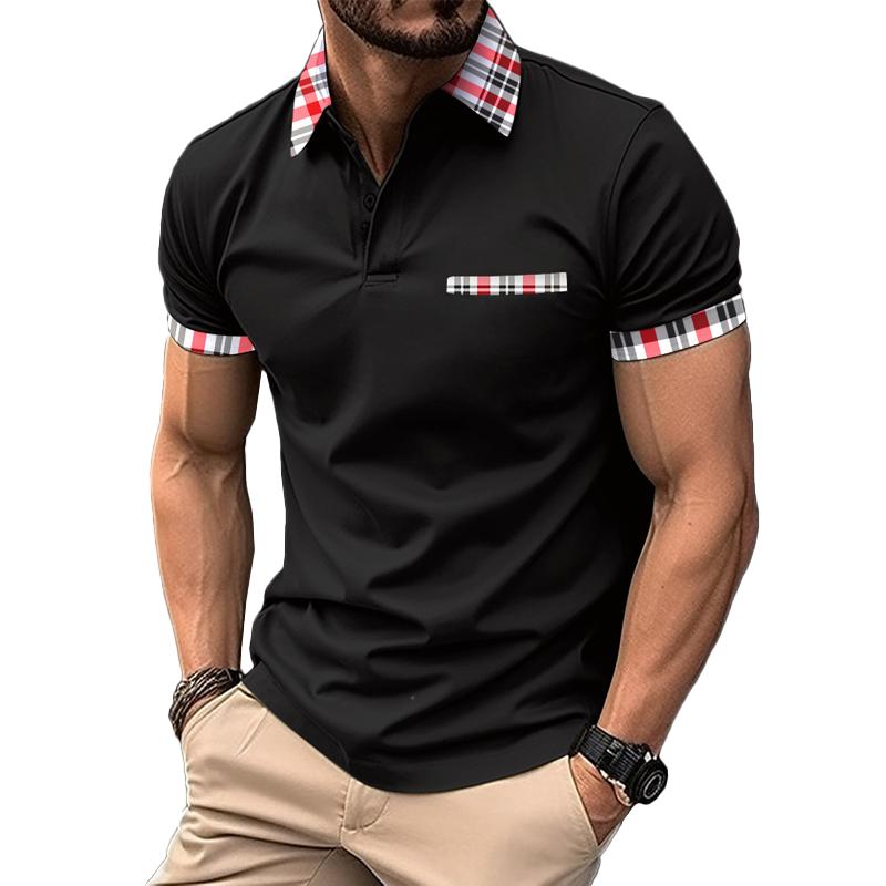Men's Plaid Stitching Lapel Short Sleeve Casual Polo Shirt