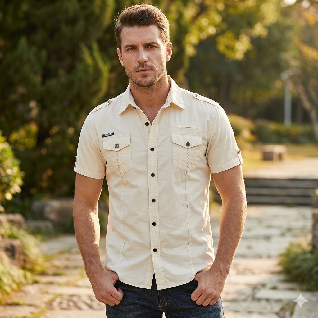 Camisa utilitaria de manga corta de algodón para hombre