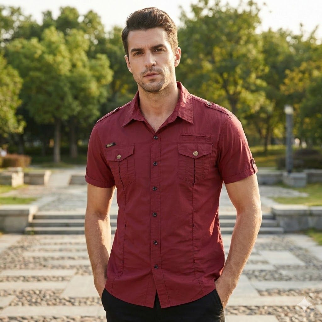 Camisa utilitaria de manga corta de algodón para hombre