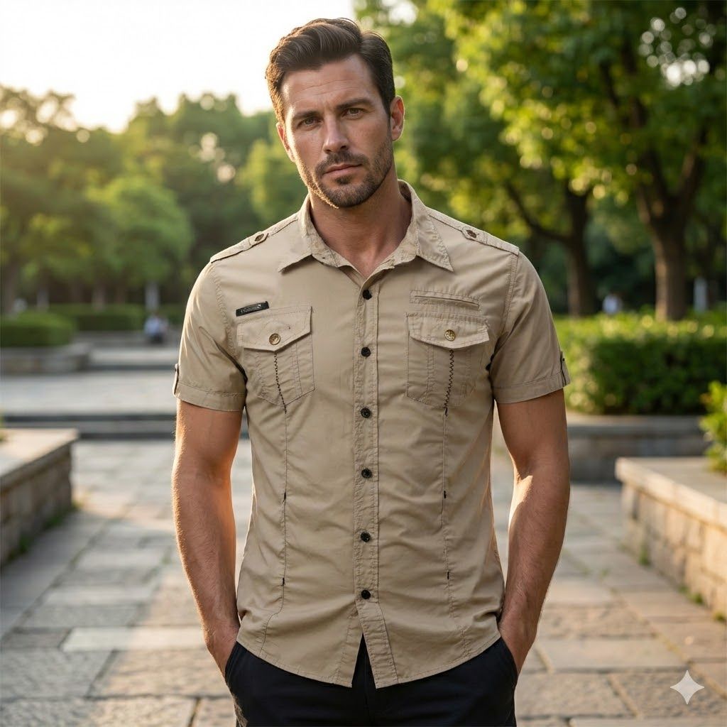 Camisa utilitaria de manga corta de algodón para hombre