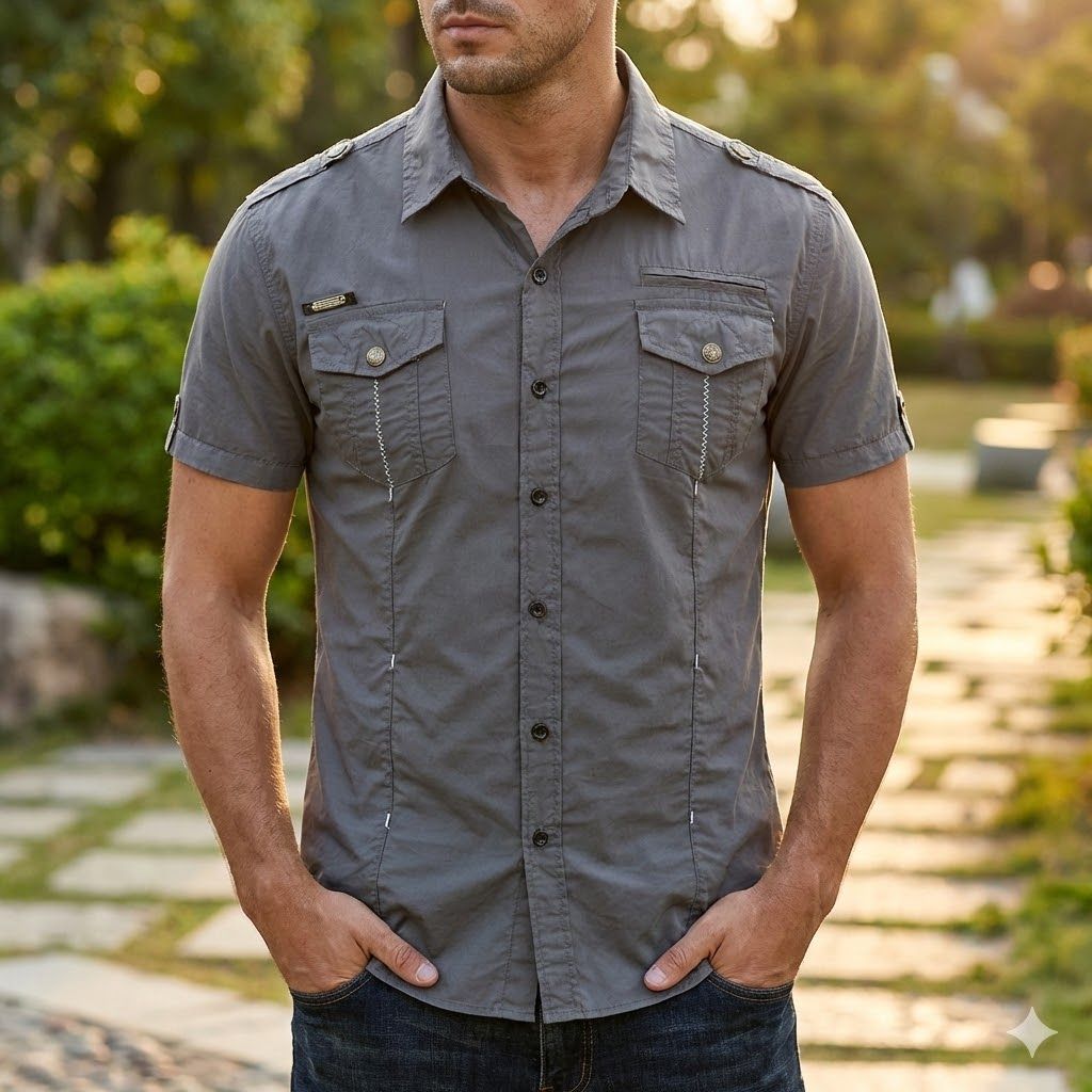 Camisa utilitaria de manga corta de algodón para hombre