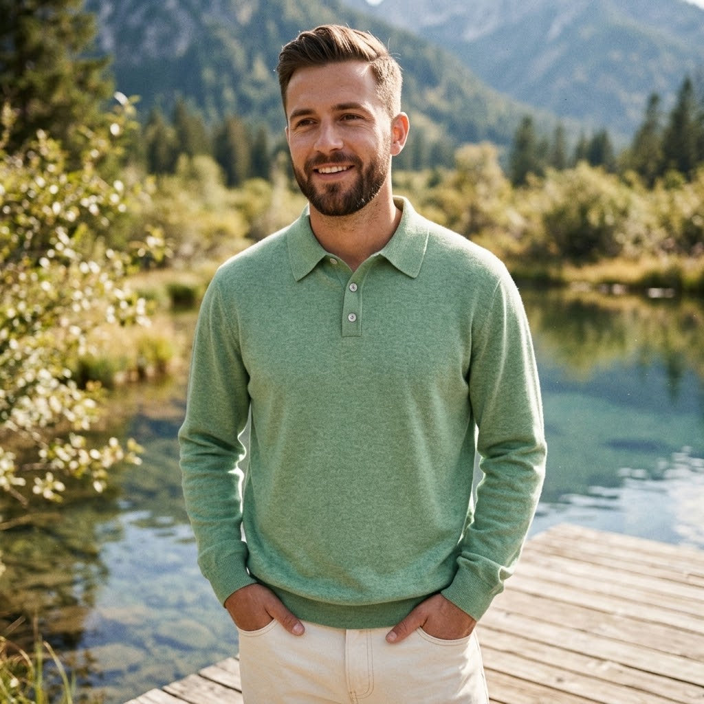 Men's Thermal Long Sleeve V-Neck Button Polo Shirt