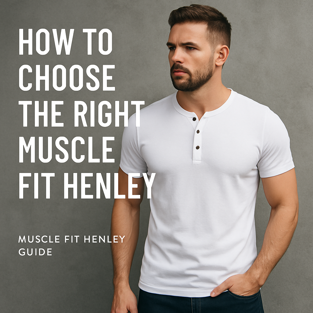 Man wearing a muscle fit Henley shirt, showing tailored fit across shoulders and chest