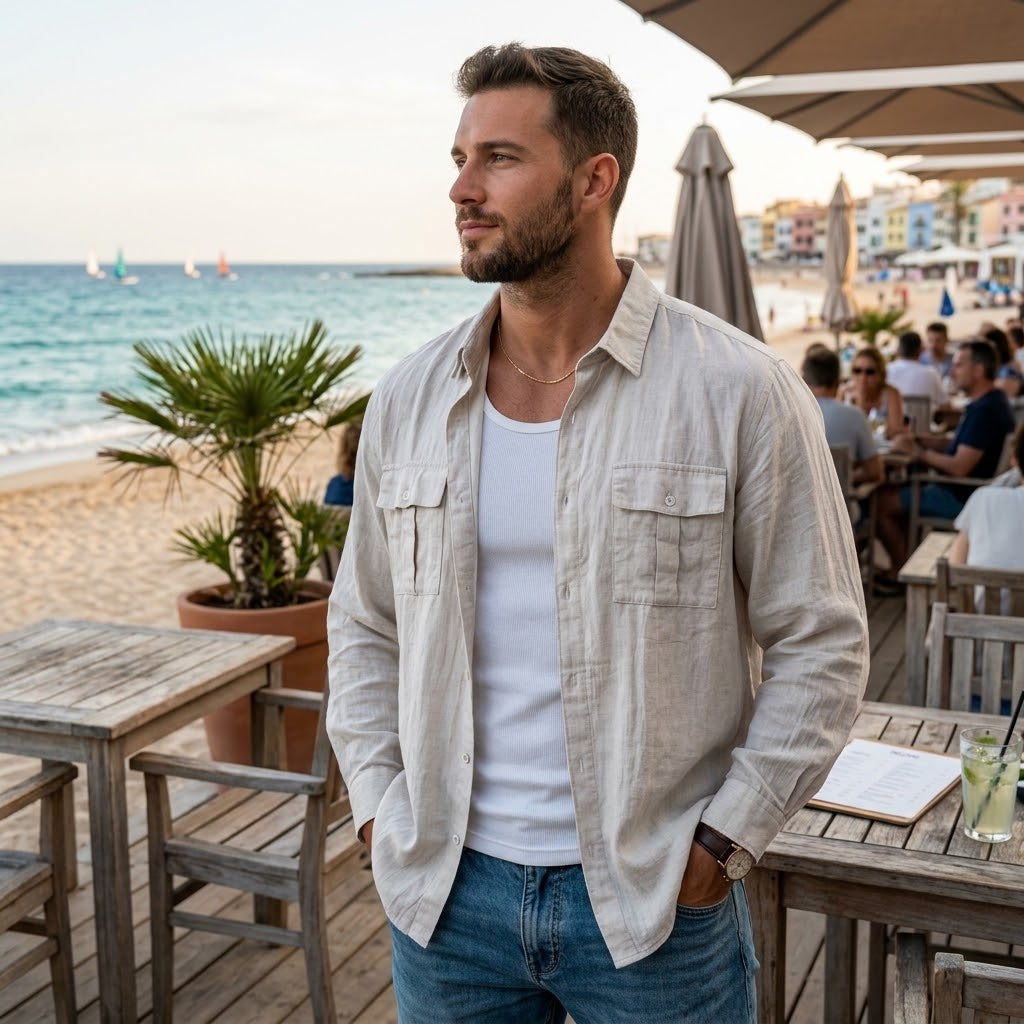 Herren-Leinen-Shirtjacke mit mehreren Taschen