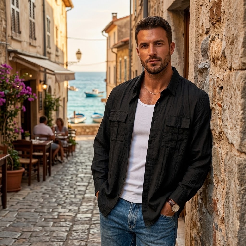 Herren-Leinen-Shirtjacke mit mehreren Taschen
