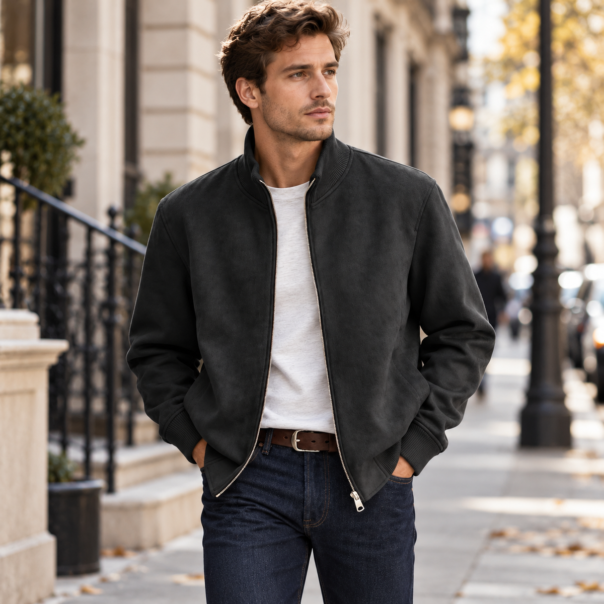 Men's Suede Stand Collar Zip-Up Jacket