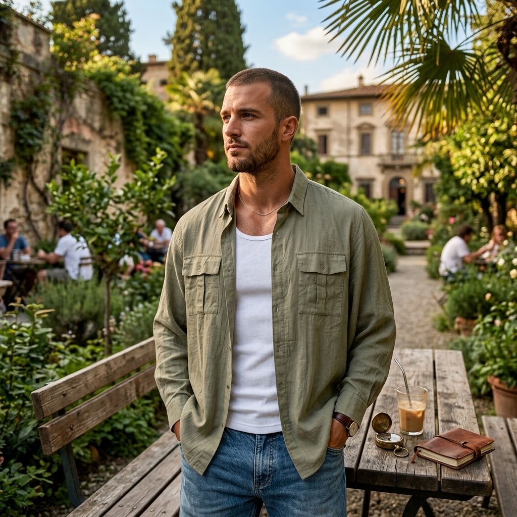 Herren-Leinen-Shirtjacke mit mehreren Taschen