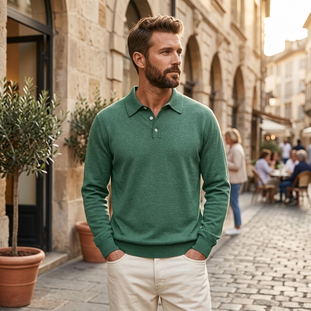 Men's Thermal Long Sleeve V-Neck Button Polo Shirt