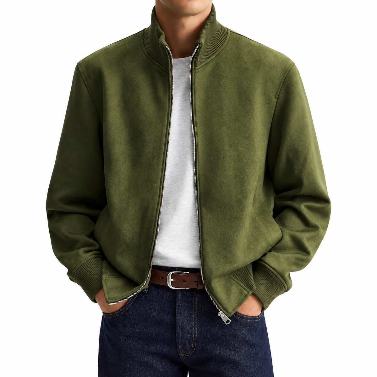 Men's Suede Stand Collar Zip-Up Jacket
