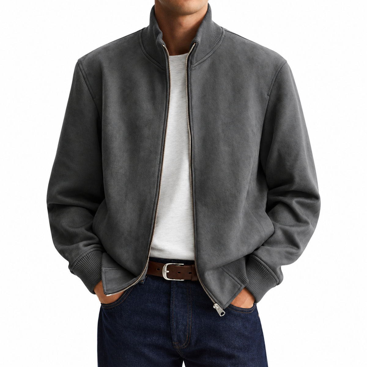 Men's Suede Stand Collar Zip-Up Jacket