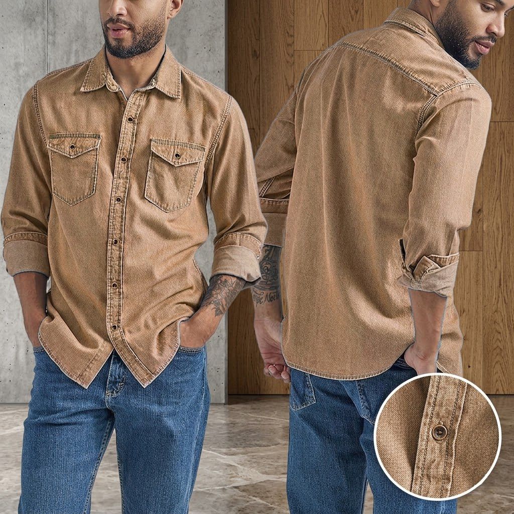 Men’s Washed Denim-Look Casual Shirt