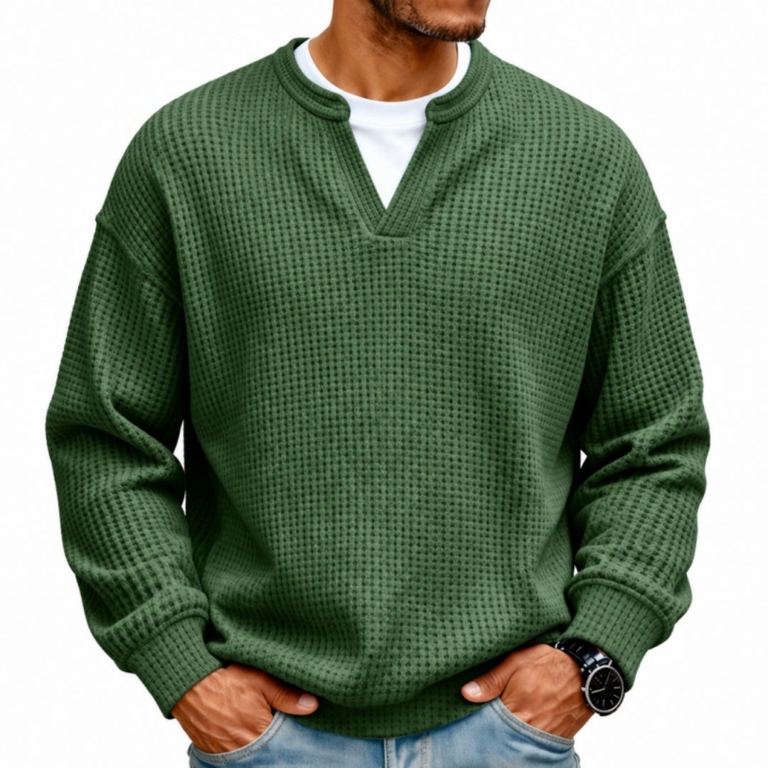 Men’s Waffle Knit Notch-Neck Pullover Sweater