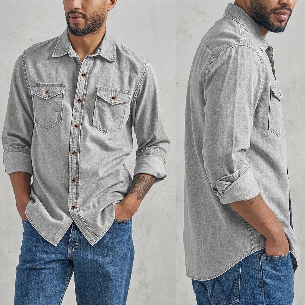 Men’s Washed Denim-Look Casual Shirt