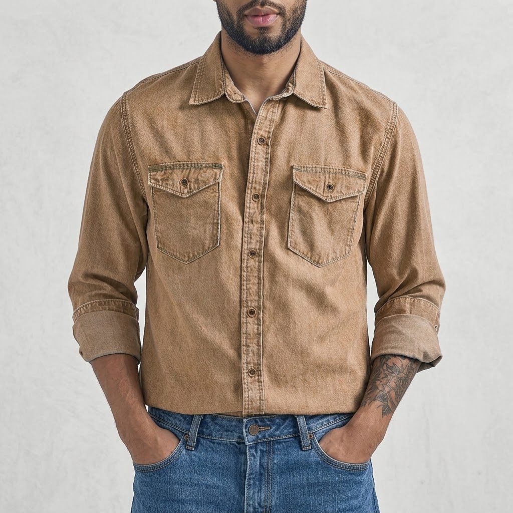 Men’s Washed Denim-Look Casual Shirt