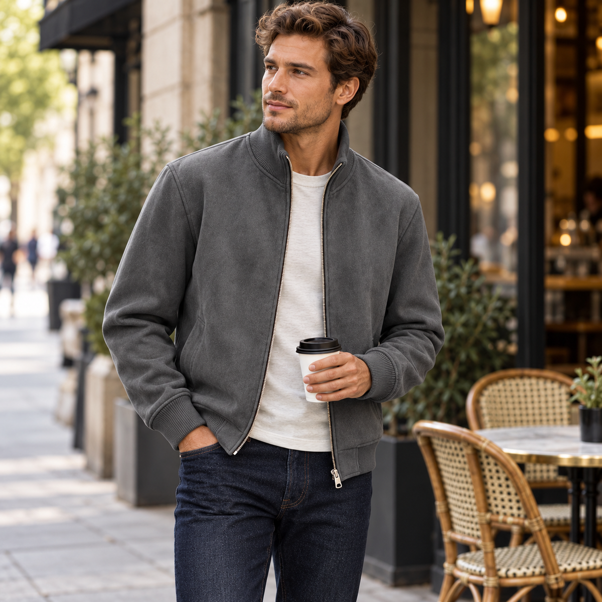 Men's Suede Stand Collar Zip-Up Jacket