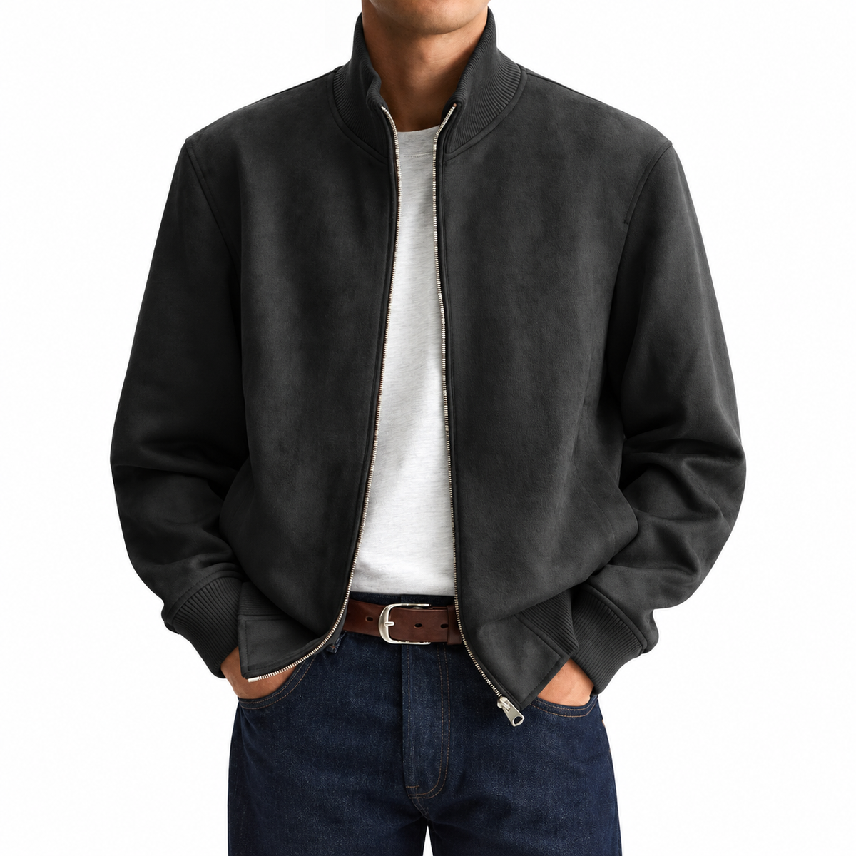 Men's Suede Stand Collar Zip-Up Jacket