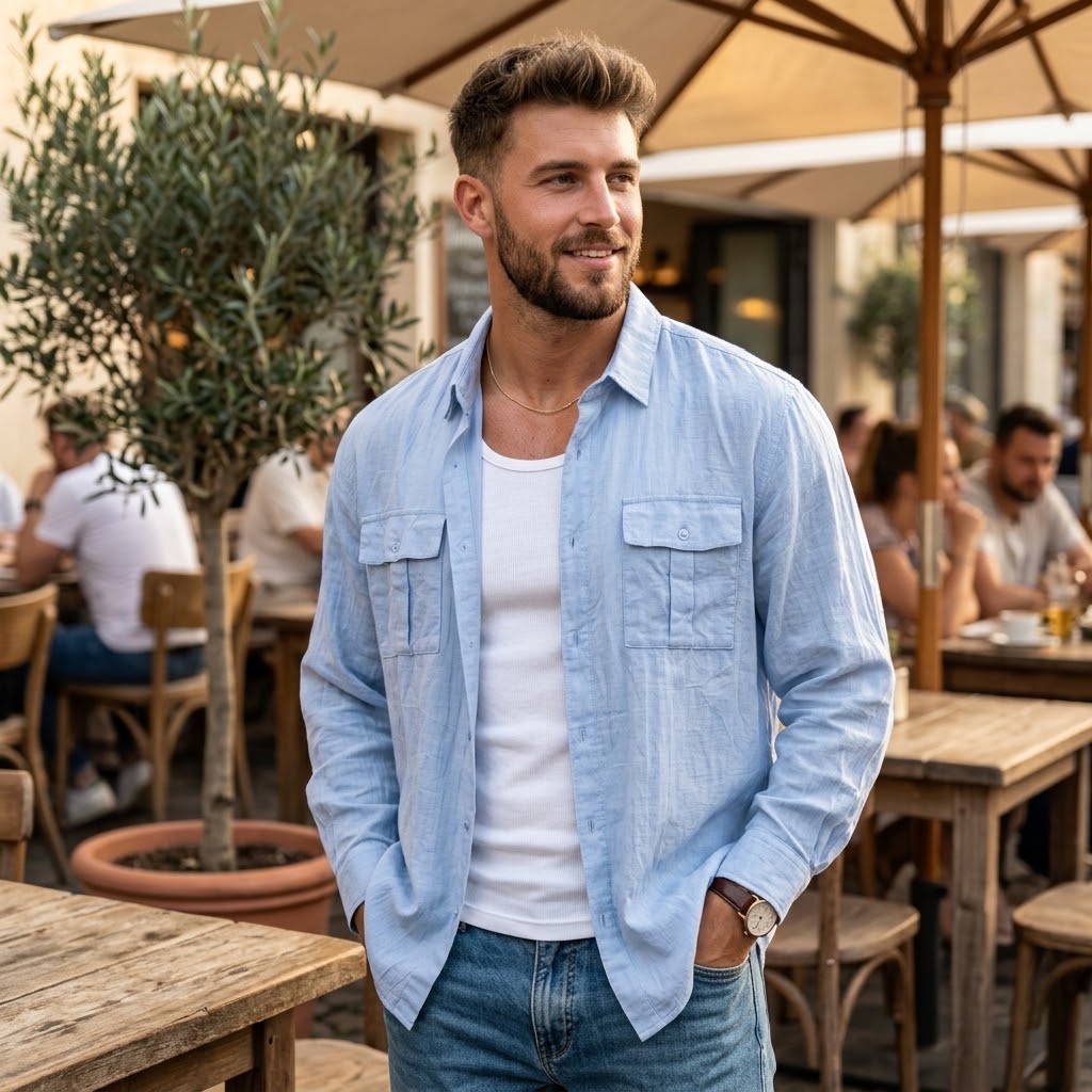 Herren-Leinen-Shirtjacke mit mehreren Taschen