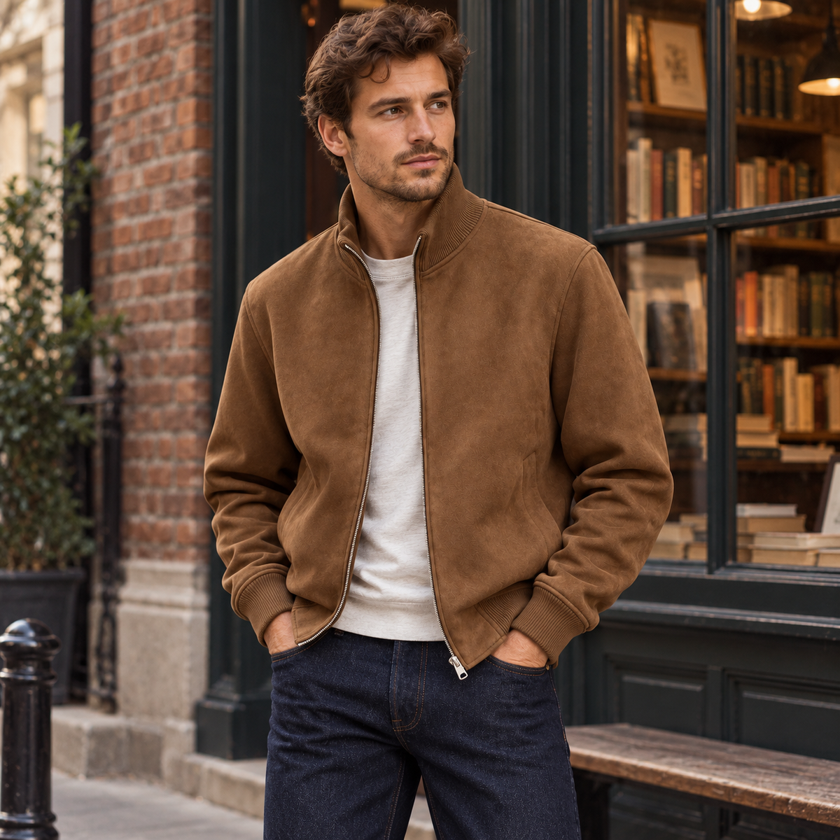Men's Suede Stand Collar Zip-Up Jacket