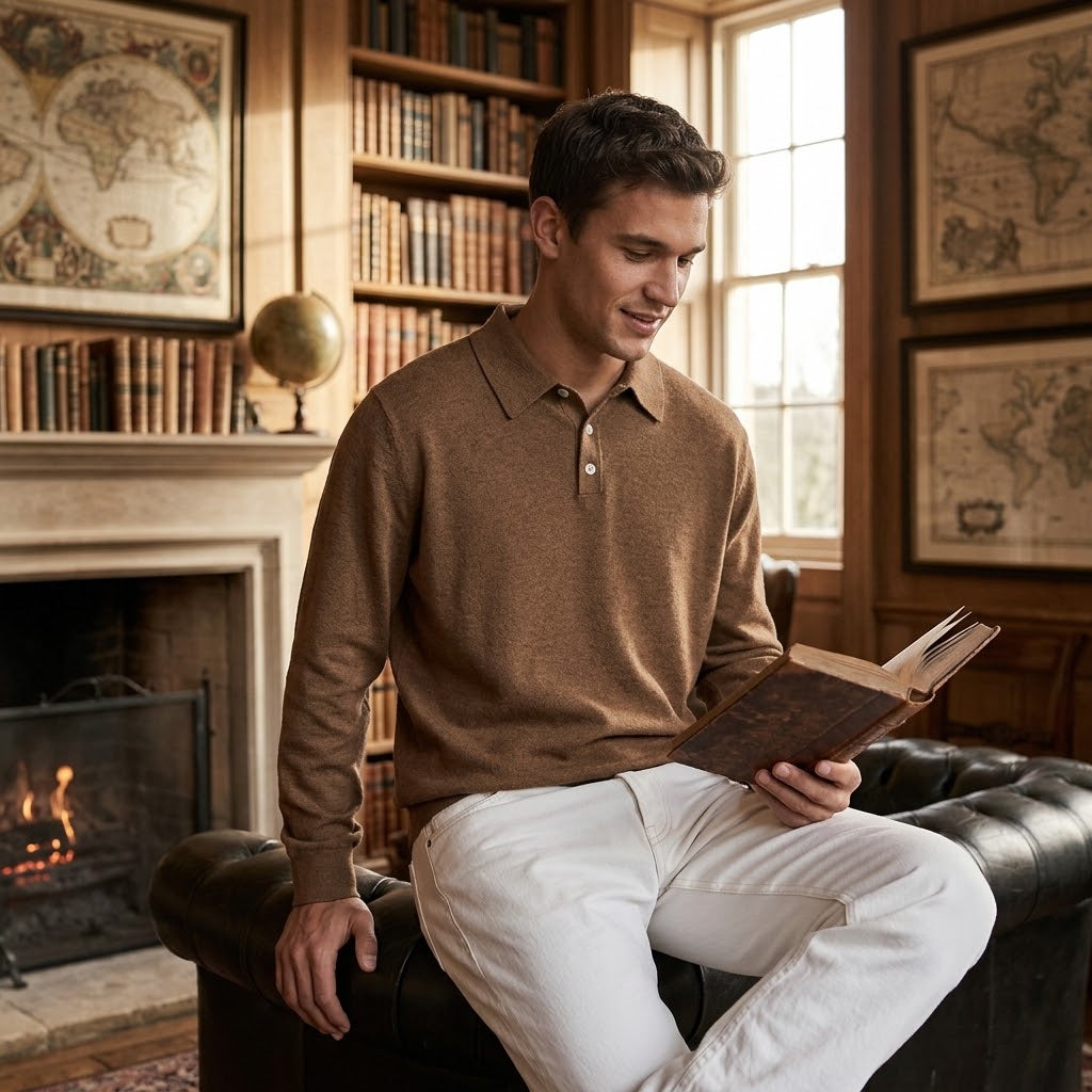 Men's Thermal Long Sleeve V-Neck Button Polo Shirt