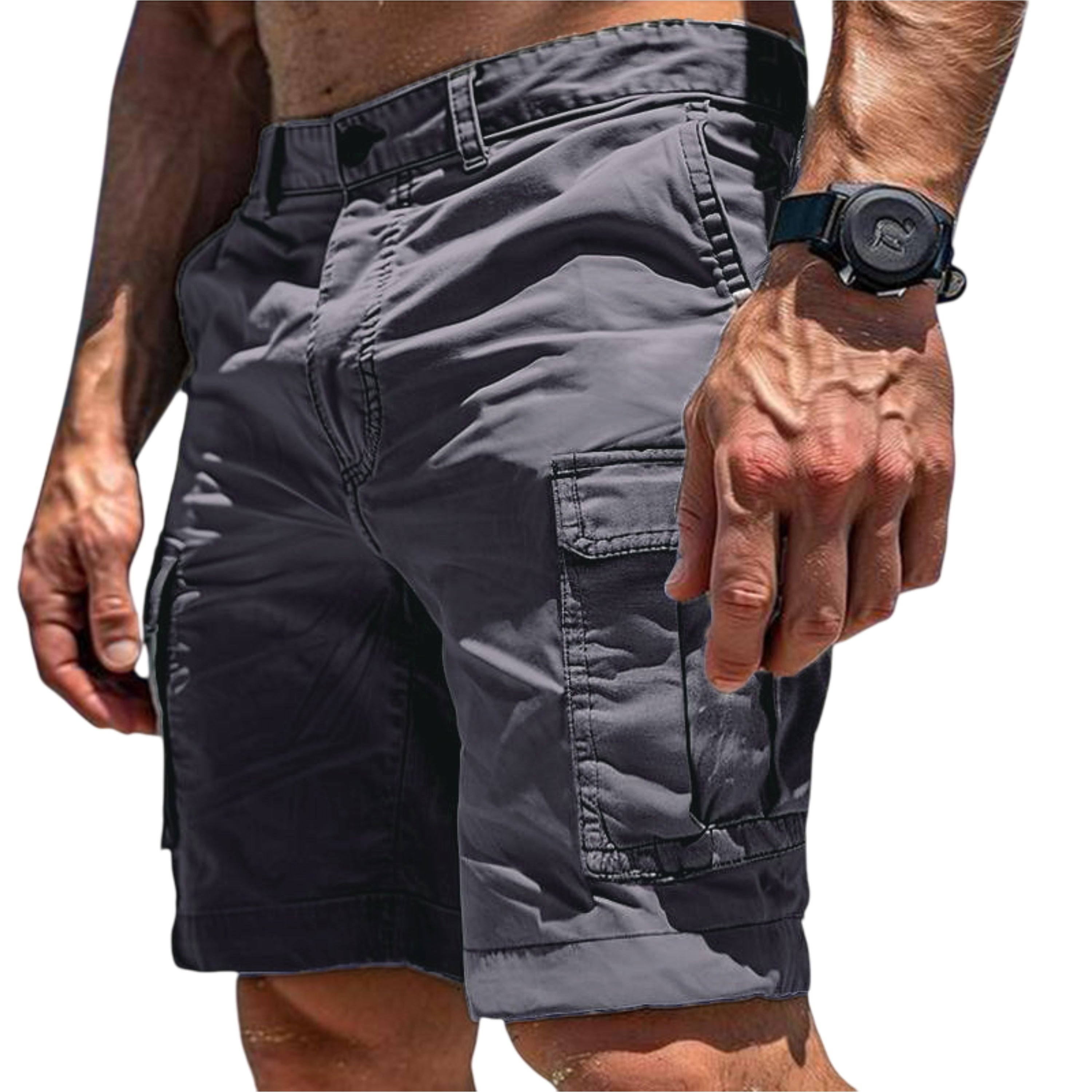 Person wearing gray cargo shorts with a watch on a white background