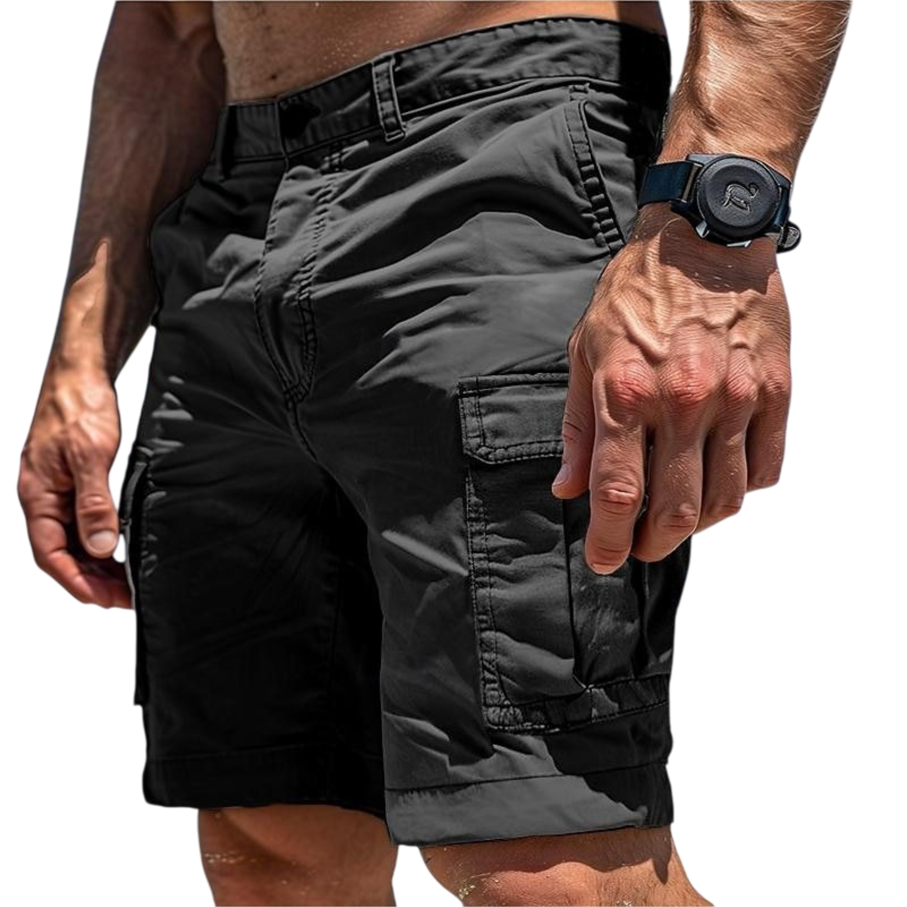Person wearing black cargo shorts with a watch on a white background