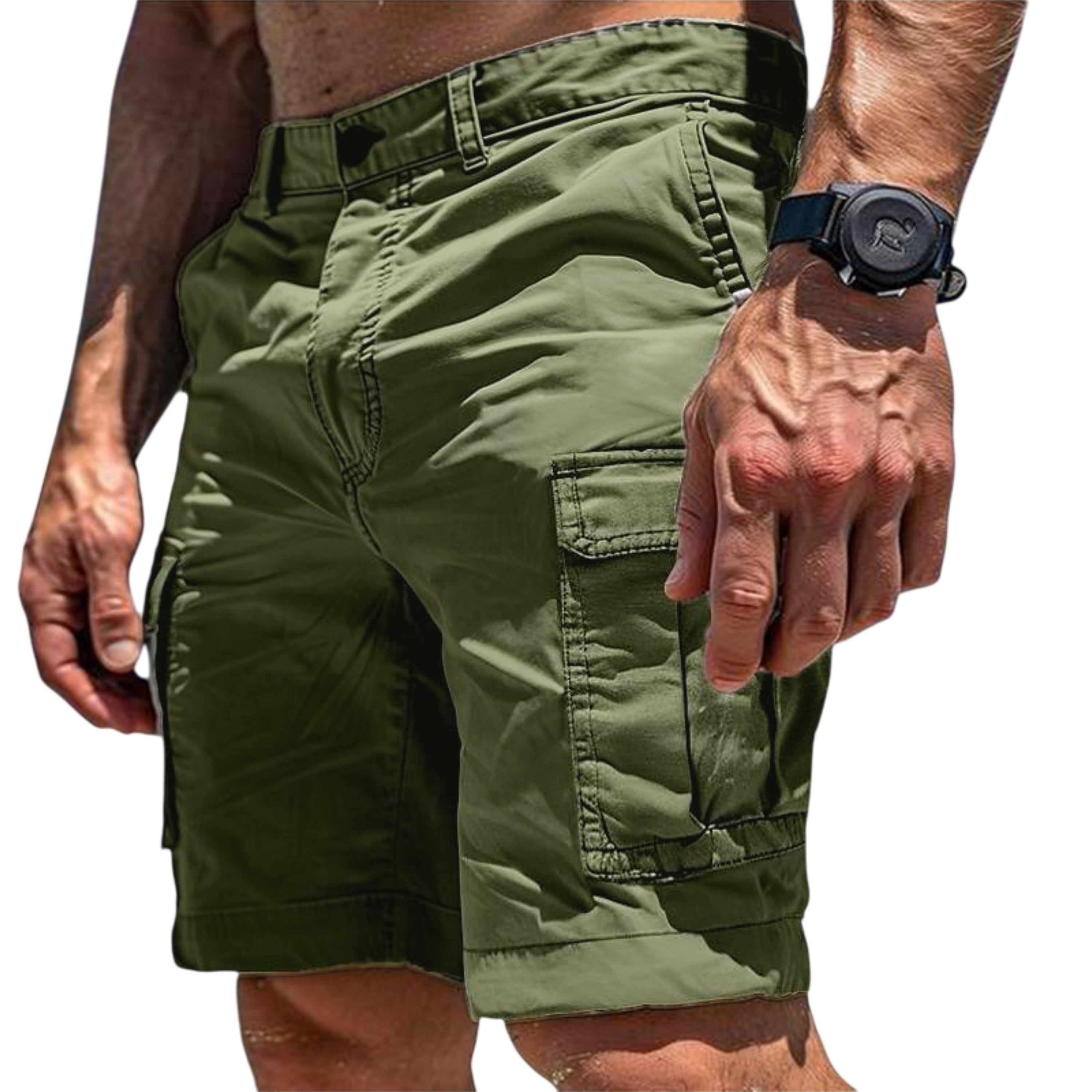 Green cargo shorts worn by a person on a white background