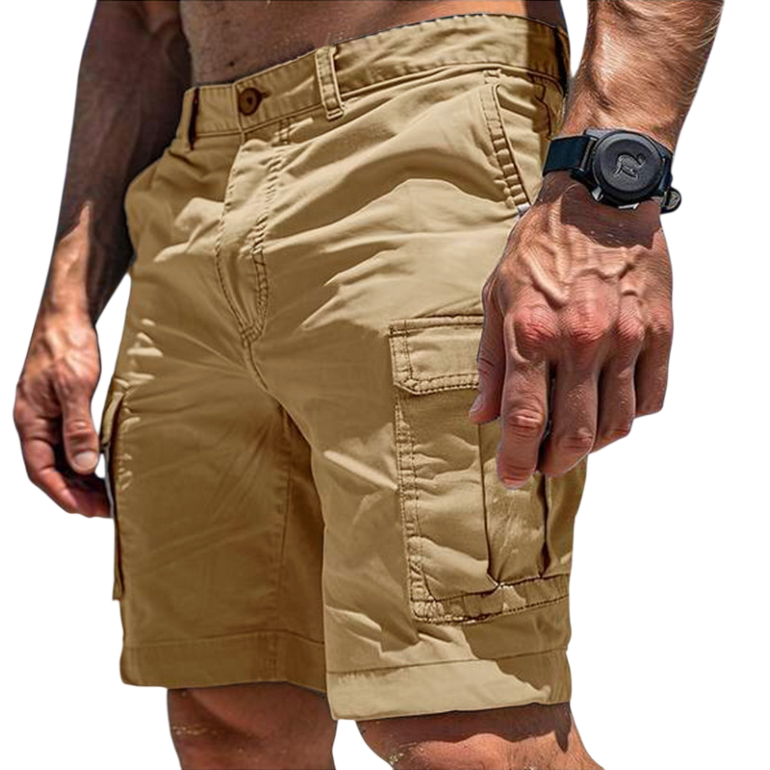 Beige cargo shorts worn by a person on a white background