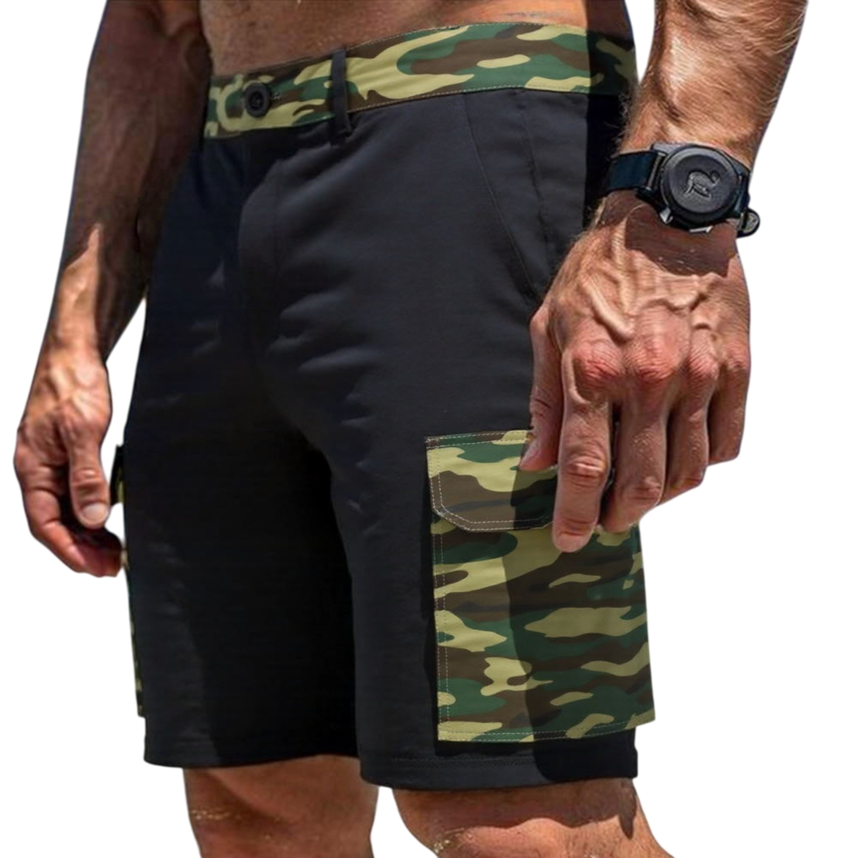 Black shorts with camouflage accents worn by a person on a white background