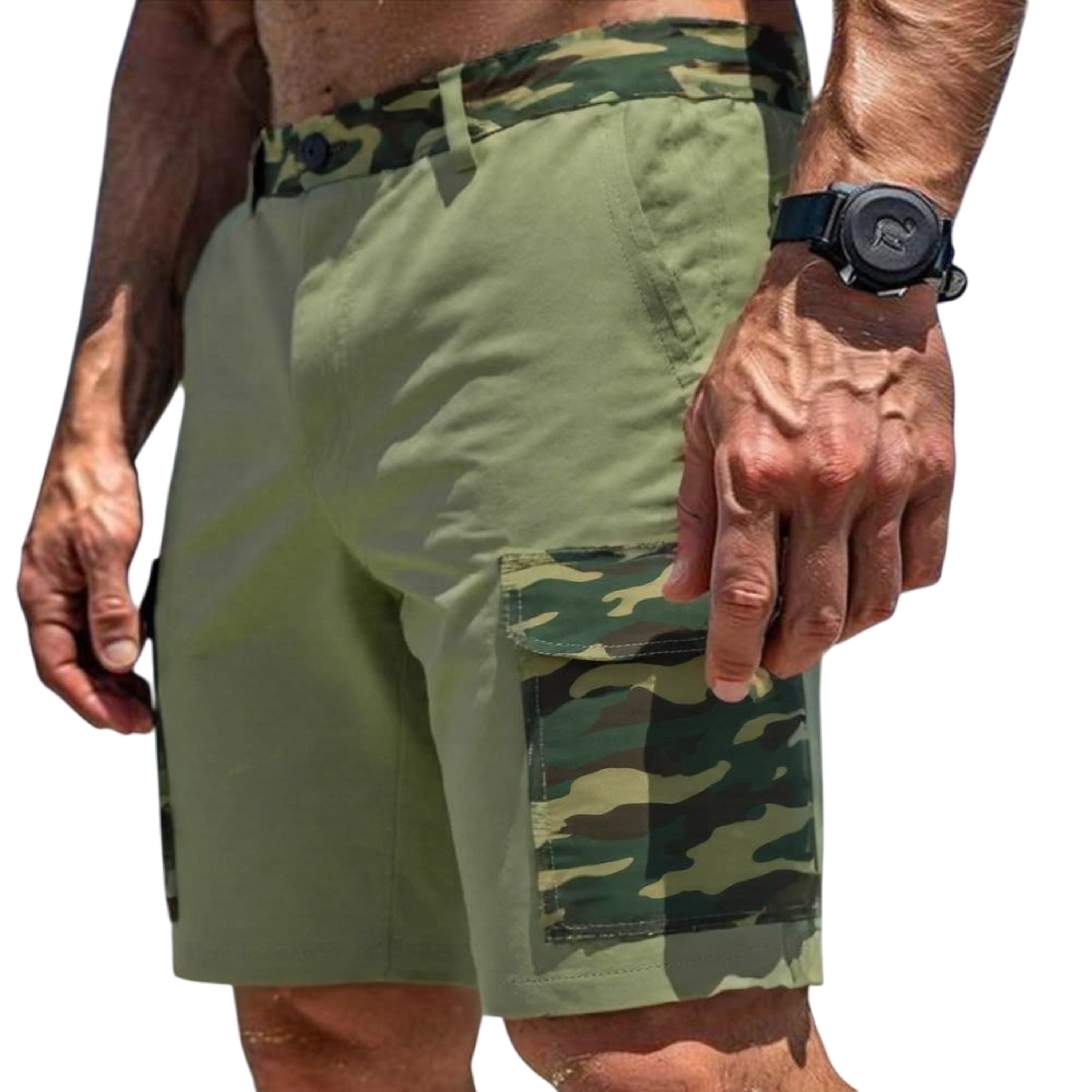 Person wearing green camouflage shorts on a white background