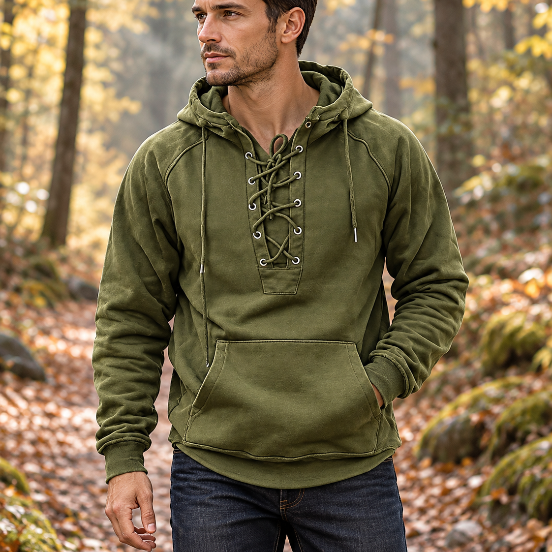 Men’s Oversized Vintage Lace-Up Hoodie