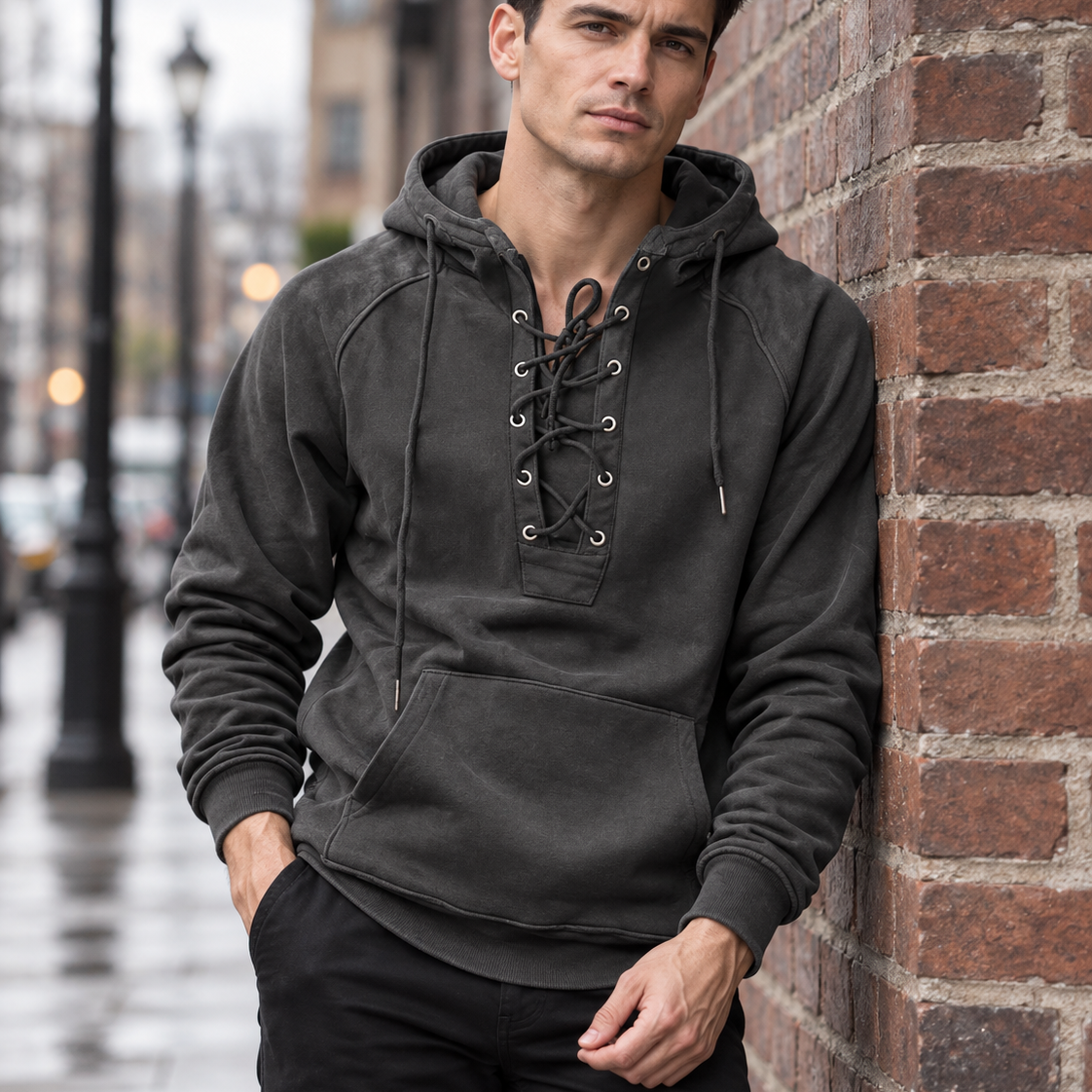 Men’s Oversized Vintage Lace-Up Hoodie