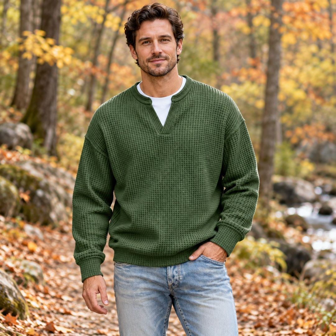 Men’s Waffle Knit Notch-Neck Pullover Sweater