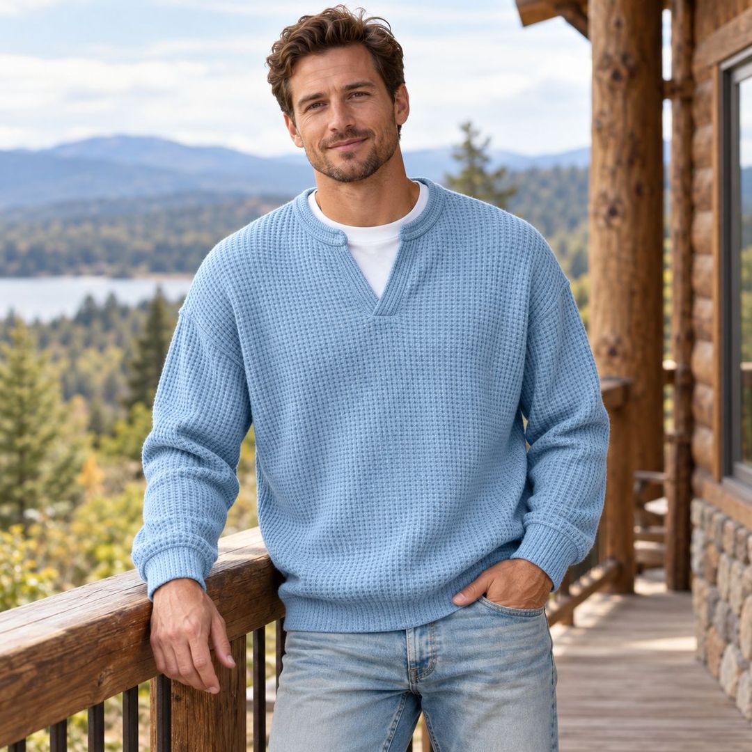 Men’s Waffle Knit Notch-Neck Pullover Sweater