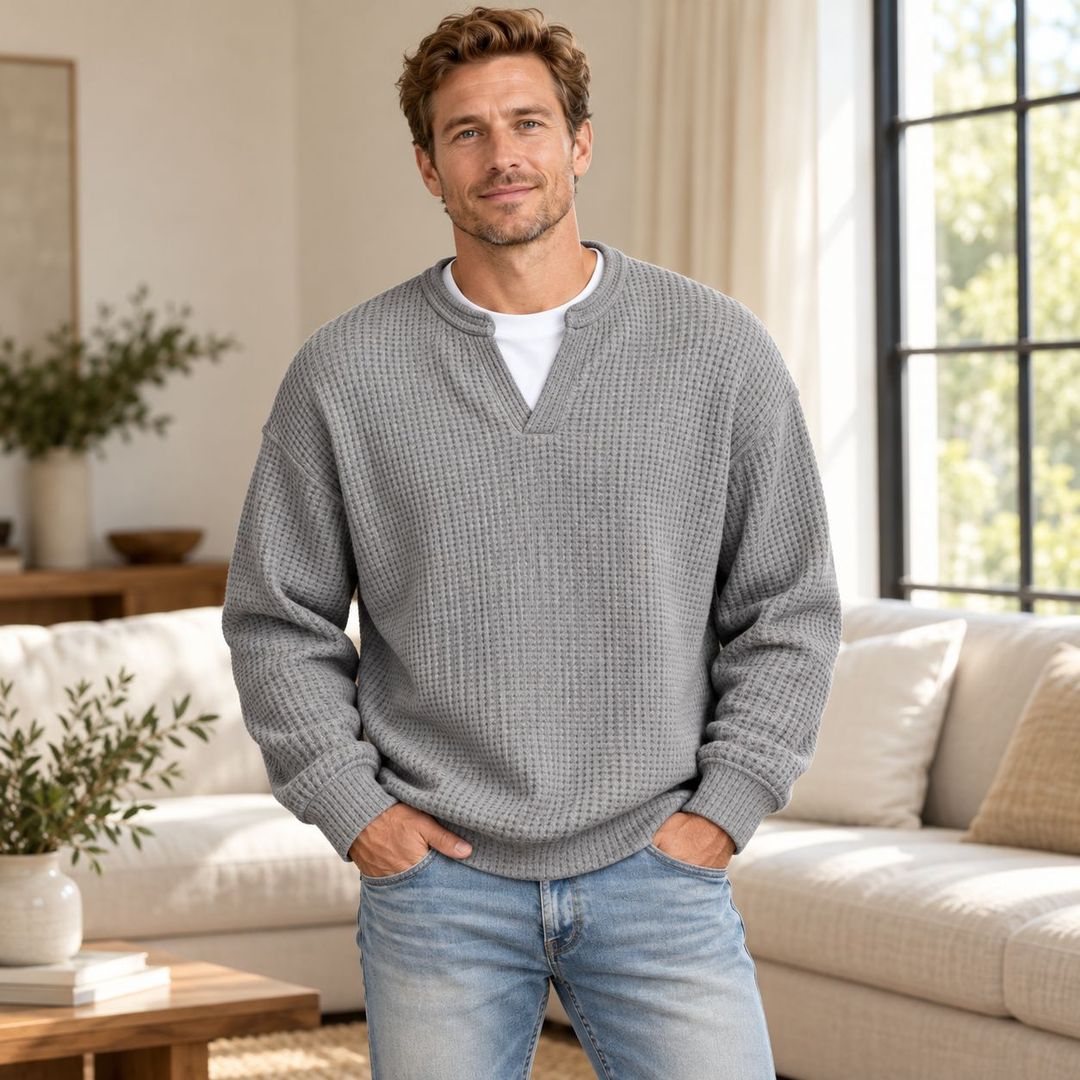 Men’s Waffle Knit Notch-Neck Pullover Sweater