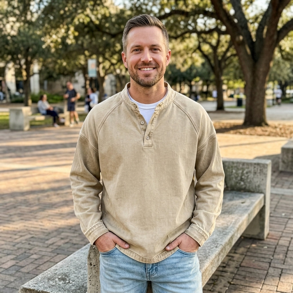 Men's Vintage Washed Denim Style Henley Pullover