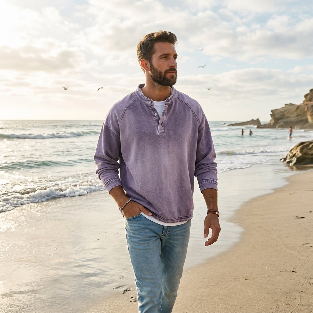 Men's Vintage Washed Denim Style Henley Pullover
