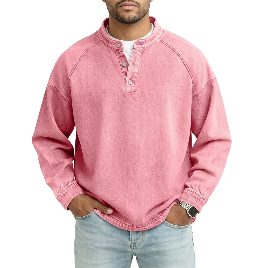 Men's Vintage Washed Denim Style Henley Pullover